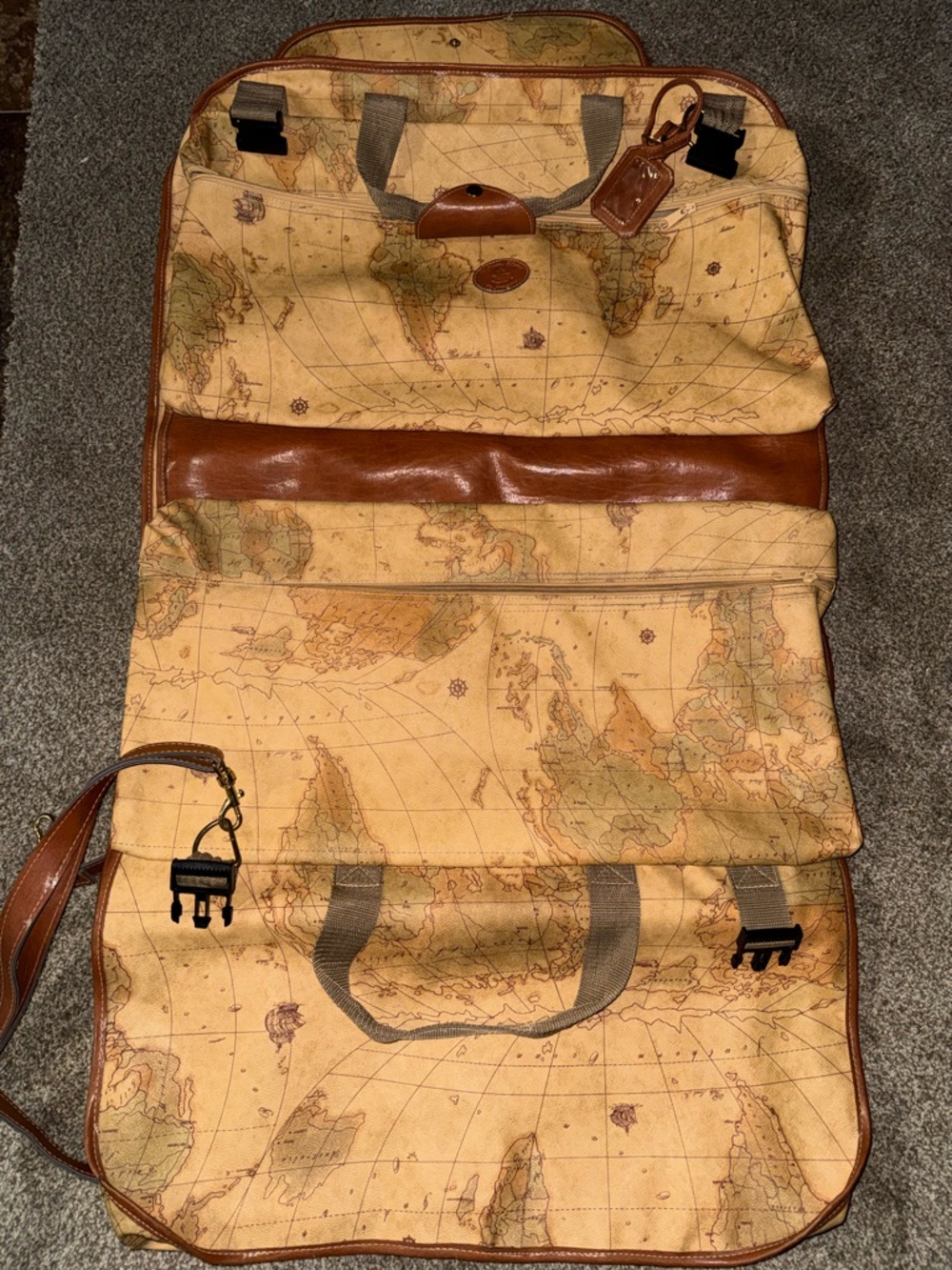 Vintage Map-Print Canvas Travel Duffle Bag - Tan/Brown - Picture 5 of 9